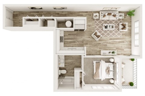 Floor plan for 1 bed, 1 bath, 637 sqft